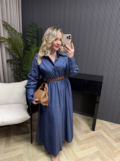 Asya Kemerli Tensel Beli Lastıklı Denim Elbise 