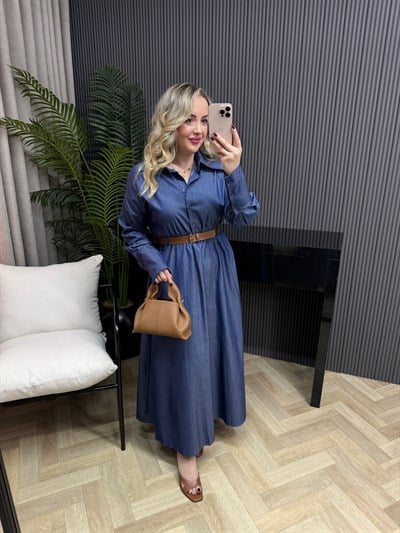 Asya Kemerli Tensel Beli Lastıklı Denim Elbise 