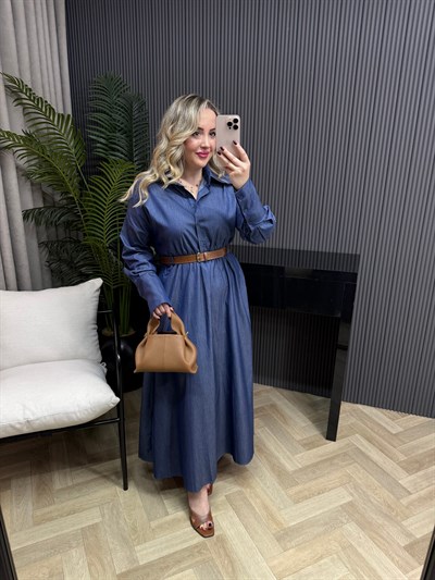 Asya Kemerli Tensel Beli Lastıklı Denim Elbise 