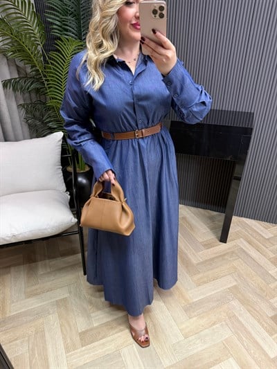 Asya Kemerli Tensel Beli Lastıklı Denim Elbise 