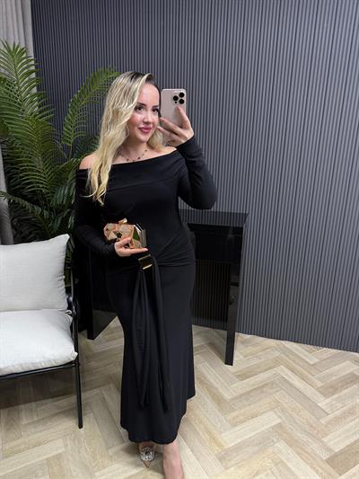 Aura Gold Detaylı Madonna Yaka Elbise Siyah