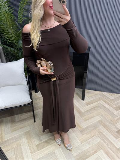 Aura Gold Detaylı Madonna Yaka Elbise Acı Kahve