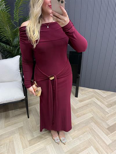 Aura Gold Detaylı Madonna Yaka Elbise Bordo