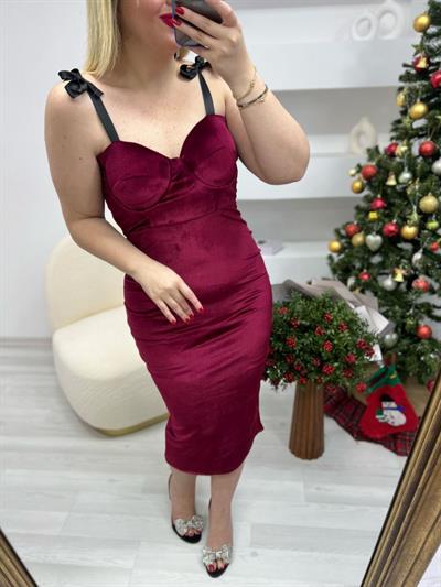 Bağlamalı Askılı Bordo Kadife Elbise