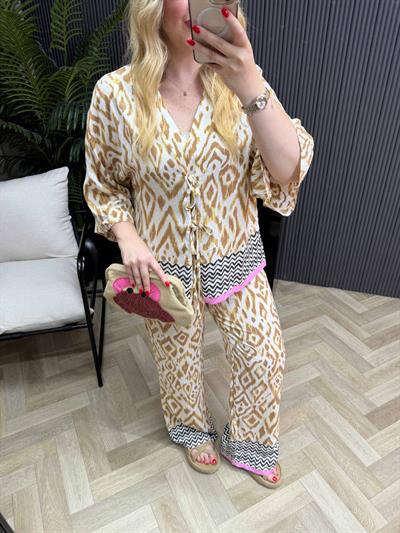 Bağlamalı Bluzlu Pembe Sarı Keten Takım