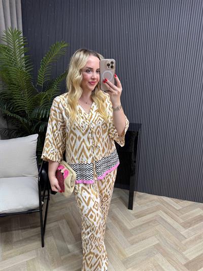 Bağlamalı Bluzlu Pembe Sarı Keten Takım