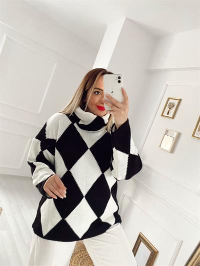 Baklava Desen Siyah Beyaz Kazak