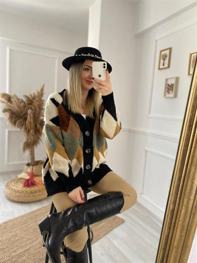 Baklava Desen Siyah Hırka