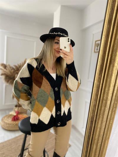 Baklava Desen Siyah Hırka