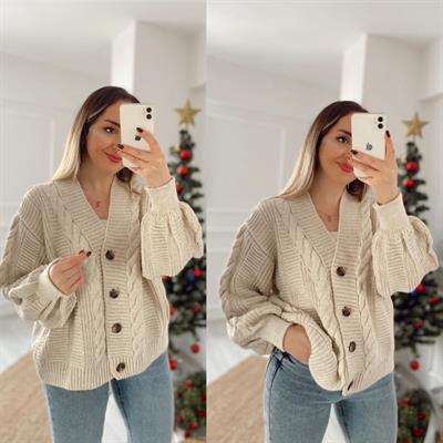 Baklava Örgü Desen Bej Hırka