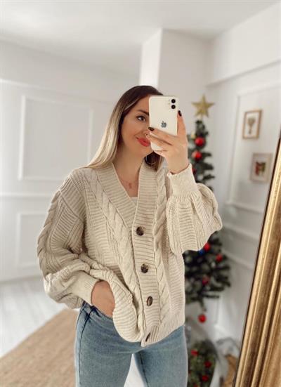 Baklava Örgü Desen Bej Hırka