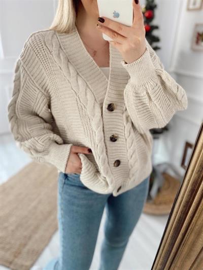 Baklava Örgü Desen Bej Hırka