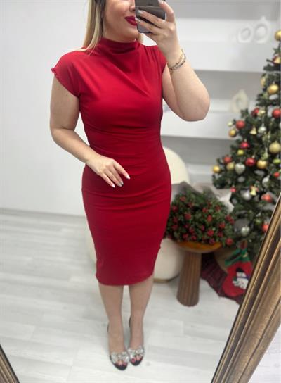 Balıkçı Yaka Drapeli Kalem Elbise Kirmizi
