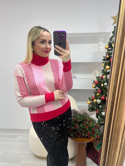 Balıkçı Yaka Kırmızı Pembe Desen Triko