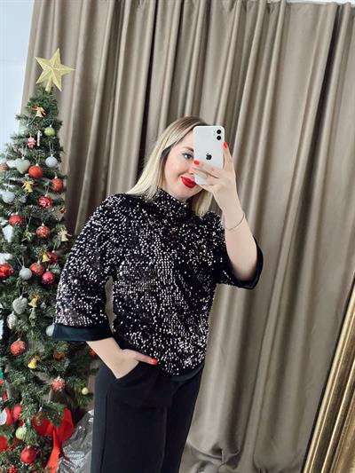 Balıkçı Yaka Payetli Kadife Bluz