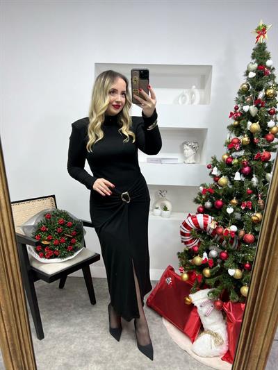 Balıkçı Yaka Vatkalı Tokalı Özel Tasarım Elbise