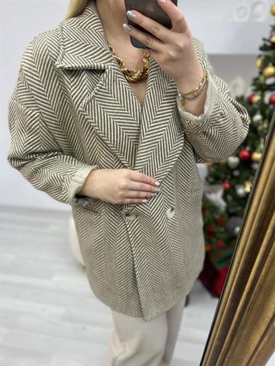 Balıksırtı Desen Kahve-Ekru Oversize Kaban