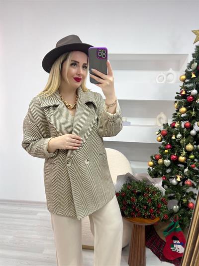 Balıksırtı Desen Kahve-Ekru Oversize Kaban