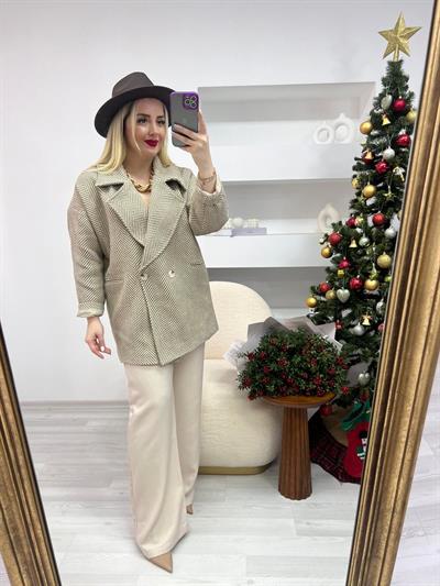 Balıksırtı Desen Kahve-Ekru Oversize Kaban