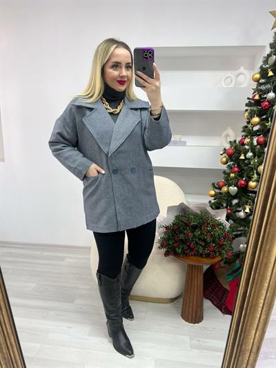 Balıksırtı Desen Laci-Gri Oversize Kaban