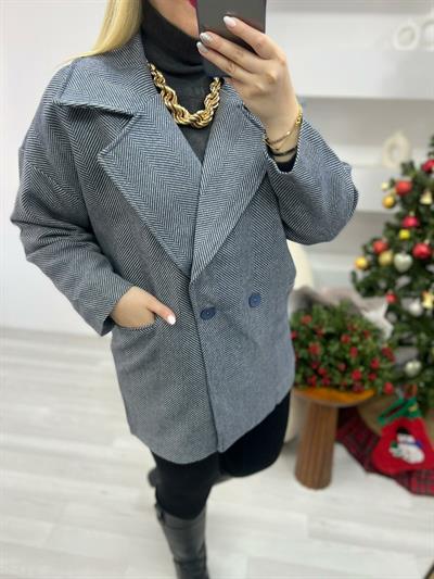 Balıksırtı Desen Laci-Gri Oversize Kaban