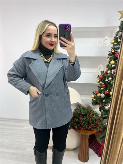 Balıksırtı Desen Laci-Gri Oversize Kaban