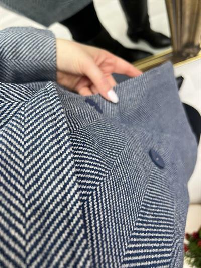 Balıksırtı Desen Laci-Gri Oversize Kaban