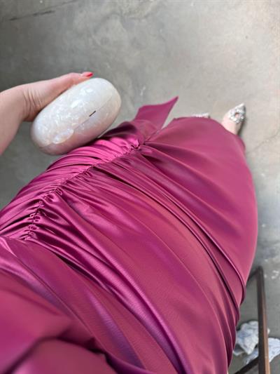 Balon Kol Bel Drapeli Saten Elbise Mürdüm