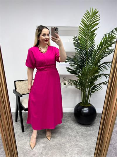 Balon Kol Beli Lastikli Keten Elbise Pembe