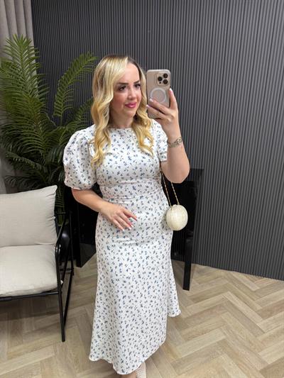 Balon Kol Çiçekli Elbise Mavi Çiçekli