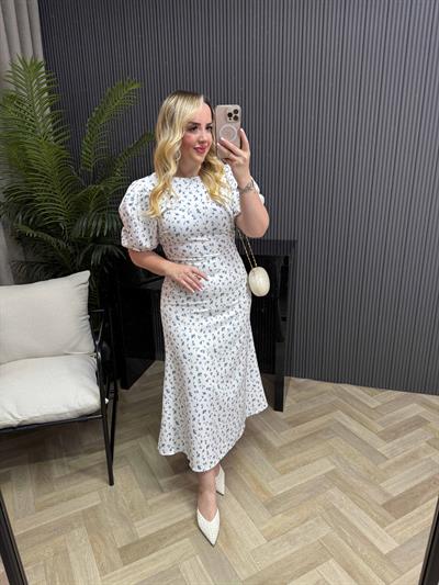 Balon Kol Çiçekli Elbise Mavi Çiçekli