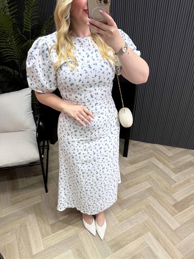 Balon Kol Çiçekli Elbise Mavi Çiçekli