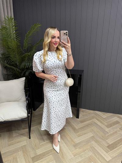 Balon Kol Çiçekli Elbise Mavi Çiçekli