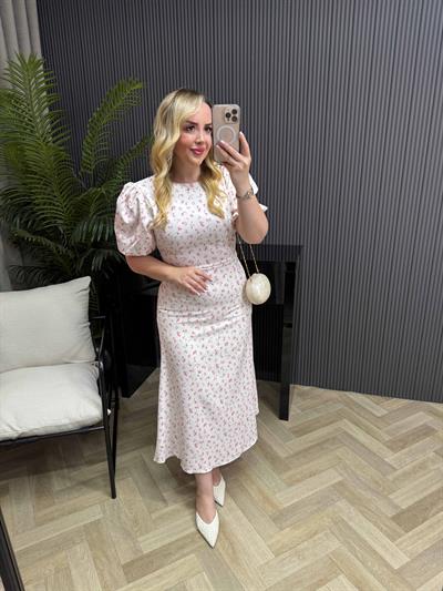 Balon Kol Çiçekli Elbise Pembe Çiçekli