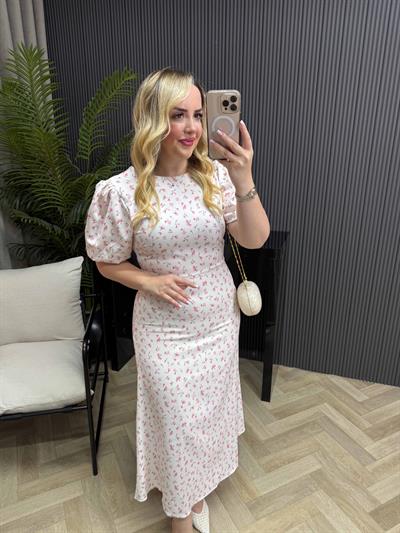 Balon Kol Çiçekli Elbise Pembe Çiçekli