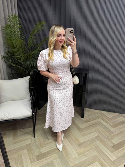 Balon Kol Çiçekli Elbise Pembe Çiçekli