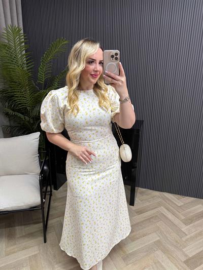 Balon Kol Çiçekli Elbise Sarı Çiçekli