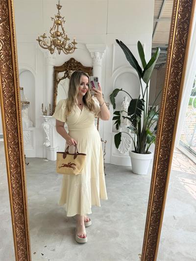 Balon Kol Ekru Keten Elbise