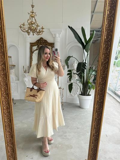 Balon Kol Ekru Keten Elbise