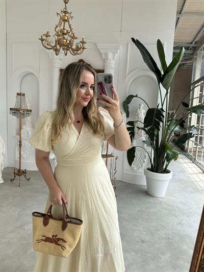 Balon Kol Ekru Keten Elbise