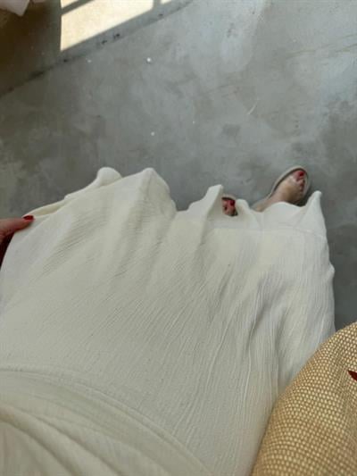 Balon Kol Ekru Keten Elbise