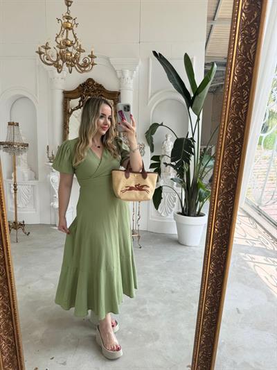 Balon Kol Haki Keten Elbise