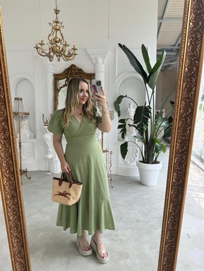 Balon Kol Haki Keten Elbise