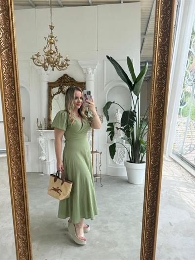 Balon Kol Haki Keten Elbise