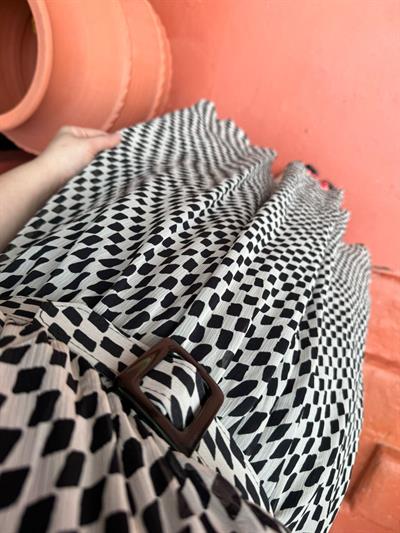 Balon Kol Kemerli Geometrik Desen Elbise