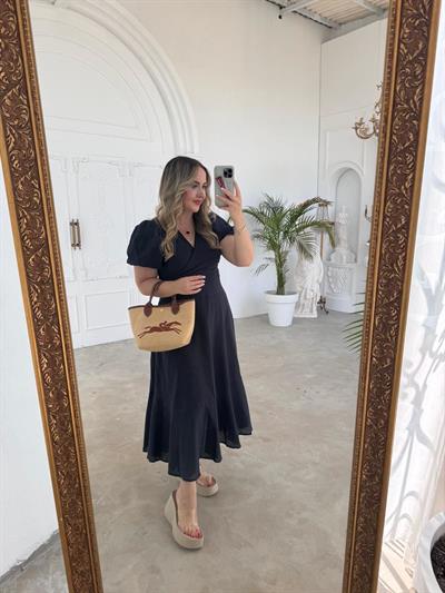 Balon Kol Lacivert Keten Elbise