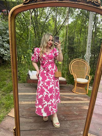 Balon Kol Pembe Desenli Poplin Elbise