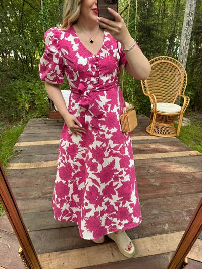 Balon Kol Pembe Desenli Poplin Elbise