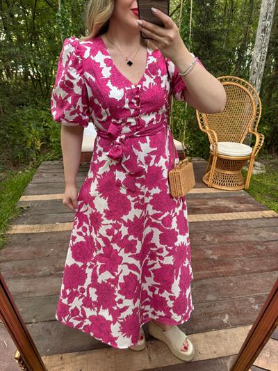 Balon Kol Pembe Desenli Poplin Elbise