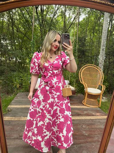 Balon Kol Pembe Desenli Poplin Elbise